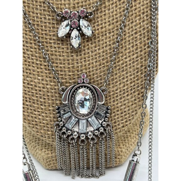 Multi Layer Silver Tone Necklace Clear Crystal Accents Lobster Clasp Adjustable - Picture 3 of 5